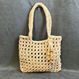 Uretti - Emine 9106 El Örgüsü Ahşap Boncuk Detaylı Penye Kumaş Omuz Çantası