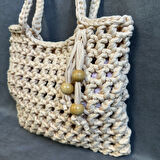 Uretti - Emine 9106 El Örgüsü Ahşap Boncuk Detaylı Penye Kumaş Omuz Çantası