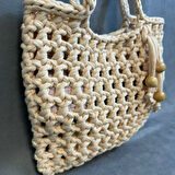 Uretti - Emine 9106 El Örgüsü Ahşap Boncuk Detaylı Penye Kumaş Omuz Çantası