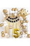 Kral Taçlı 5 Yaş Doğum Günü Gold Beyaz Balon Seti