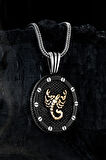 Erkek Gümüş Kolye - Siyah Oval Model Akrep Motifli Erkek Kolye