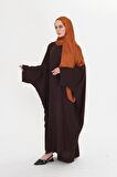 Kahve Yarasa Kol Oversize Medine İpeği Arkası Düğmeli Düz Elbise 4001_14