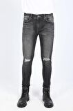Siyah Yırtık Skinny Fit Erkek Jean Pantolon