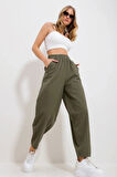 Kadın Haki Gabardin Şalvar Pantolon – Lastikli Bel, Cepli, Rahat Kesim