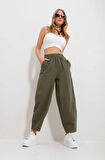 Kadın Haki Gabardin Şalvar Pantolon – Lastikli Bel, Cepli, Rahat Kesim