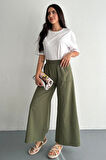Kadın Bel Lastikli Cepli Bol Paça KotonHaki Pantolon