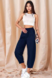 Kadın Pamuklu Bel Lastikli Dikiş Detaylı Lacivert Gabardin Kumaş Pantolon