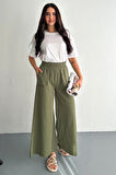 Kadın Bel Lastikli Cepli Bol Paça KotonHaki Pantolon