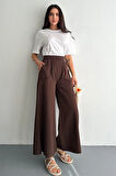 Kadın Bel Lastikli Cepli Bol Paça Koton Kahve Pantolon