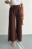 Kadın Bel Lastikli Cepli Bol Paça Koton Kahve Pantolon