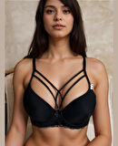 Lydia Önü Şeritli Dekoltesi Tasarım Yanları Dantelli Push-up Çekici Siyah Sütyen