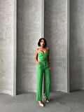 Palazzo Pantolonlu Askısız Straplez Büstiyerli Boru Paça Pantolonlu İkili Takım - Yeşil