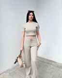 Basic Düz Croptop Regular Kesim %100 Pamuk Fitilli Bol Paça Eşofman Büstiyer Takım - Bej