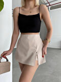 Bej Tek Yırtmaçlı Yüksek Bel Mini Şort Etek