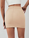Yandan Zincirli Bej Renk Slim Fit Yüksek Bel Mini Tasarım Şort Etek