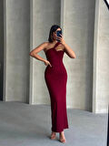 Krinkıl Kumaş Bordo Hafif Dekolteli Tek Omuz Uzun Şık Davet/Kolteyl Elbisesi