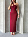 Krinkıl Kumaş Bordo Hafif Dekolteli Tek Omuz Uzun Şık Davet/Kolteyl Elbisesi