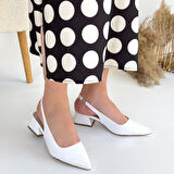 Morji Beyaz Sivri Burun Önü Kapalı 3 cm Kısa Topuklu Cilt Topuklu Ayakkabı