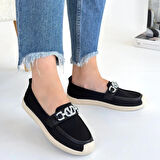 Wata Siyah Önü Tokalı Oval Burun Triko Ortopedik Kokulu Termo Taban Babet Ayakkabı