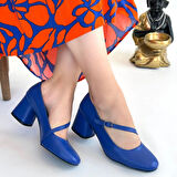 Kier Saks Cilt 7 cm Topuklu Çapraz Şerit Detaylı Oval Burunlu Kadın Ayakkabı