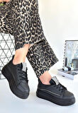 Leope Siyah Taş Detaylı Cilt Bağcıklı Kalın Dolgu Topuklu Günlük Spor Ayakkabı