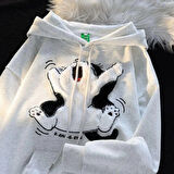 3 iplik şardonlu oversize compact peluş baskılı sweat beyaz