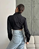 Yanı kemer detaylı crop gömlek siyah s4009