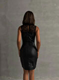 Üstü dantelli straplez deri elbise siyah w24421