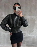 Beli büzgülü crop deri ceket siyah