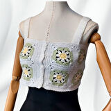 Uretti - Yıldız 7202 8363 El Örgüsü Yazlık Beyaz Kadın Büstiyer / Crop Bluz - 36/38/40 - Yeşil