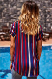 Kadın Yakası Yırtmaçlı Bağcıklı Viskon Kırmızı Mavi Beyaz Çizgili Kısa Kollu Bluz T 4012-1340120