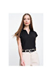 Kadın Kırmızı Mercan Kısa Kollu Fitilli Kaşkorse Viskon Pamuk Polo Yaka Bluz T-Shirt 2879140