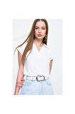 Kadın Kırmızı Mercan Kısa Kollu Fitilli Kaşkorse Viskon Pamuk Polo Yaka Bluz T-Shirt 2879140