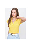 Kadın Kırmızı Mercan Kısa Kollu Fitilli Kaşkorse Viskon Pamuk Polo Yaka Bluz T-Shirt 2879140