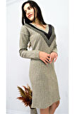 Kadın Bej V Yaka Deri Garnili Uzun Kollu Midi Boy Yumuşak Pamuklu Uzun Kol Triko Elbise 2994240