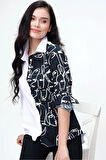 Kadın Siyah Beyaz Yüz Silüetli Uzun Kollu Rahat Tarz Basic Gömlek 7003074200