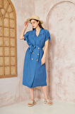 Kadın Keten Indigo Oversize Geniş Kesim /salaş /uzun Kısa Kollu Yazlık Ceket Elbise 3162400