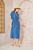 Kadın Keten Indigo Oversize Geniş Kesim /salaş /uzun Kısa Kollu Yazlık Ceket Elbise 3162400