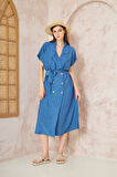 Kadın Keten Indigo Oversize Geniş Kesim /salaş /uzun Kısa Kollu Yazlık Ceket Elbise 3162400