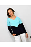 Kadın Lacivert Mint Mavi V Yaka Color Block Yumuşak Dokulu Rahat 3 Iplik Penye Bluz 3167170