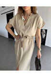 Kadın Hardal Keten Kemerli Kısa Kollu Yazlık Rahat Kesim Yırtmaçlı Günlük Uzun Elbise 3221300
