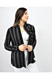 Kadın Siyah Dik Çizgili Tek Cep Arkası Uzun Oval Basic Gömlek Yb3266200