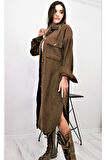 Kadın Kahverengi Kaşe Kemerli Çift Cep Düğmeli Uzun Oversize Oduncu Gömlek Tunik Elbise 3280308