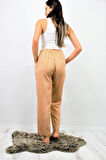 Kadın Bej Krem Cepli Beli Lastikli Dik Çizgili Duble Paça Rahat Yazlık Pantolon 3277200