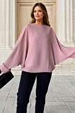 Kadın Yarasa Duble Kol Salaş Ekstra Oversize Rahat Yuvarlak Yaka Bluz  2943220