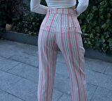 Kadın Dar Kesim Keten Çizgili Cepli Havuç Pantolon 3394210