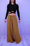 Kadın Beli Lastikli Cepli Bol Paça Salaş Oversize Bej Yumuşak Dokulu Rahat Pantolon  3391200