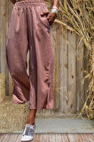 Kadın Keten Beli Lastikli Cepli Paçası Yırtmaçlı Salaş Kapri Bermuda Pantolon 3404209