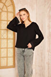 Kadın Ekstra Uzun Duble Kol / Yakası Yırtmaçlı Salaş Sweatshirt Bluz 3470190