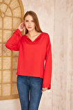 Kadın Ekstra Uzun Duble Kol / Yakası Yırtmaçlı Salaş Sweatshirt Bluz 3470190